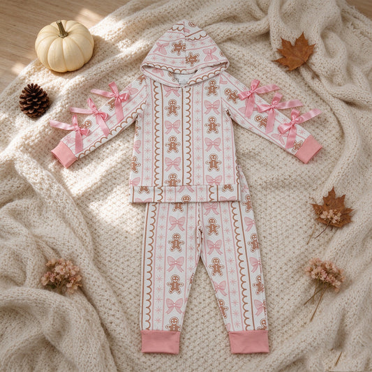 RTS NO MOQ milk silk GLP3614 Baby Girls Bows Gingerbread Hoodie Pockets Jogger Christmas Clothes Set