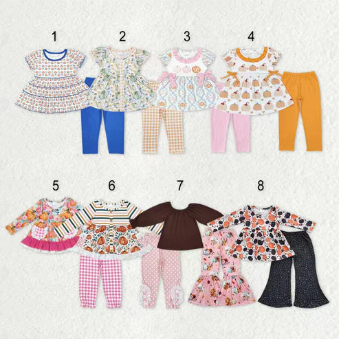 9.17 RTS Sibling Baby Girls Bows Flowers Pumpkins Tunic Leggings Bell Bottom Pant Fall Clothes Sets