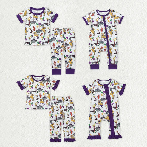 9.16 RTS Sibling Baby Kids Anchors Crayfishes Top Pants Mardigras Pajamas Sets Zipper Footie Rompers