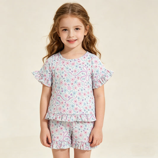 GSSO3322 RTS NO MOQ （In stock ）Short sleeves floral bow ruffle top shorts girls outfits