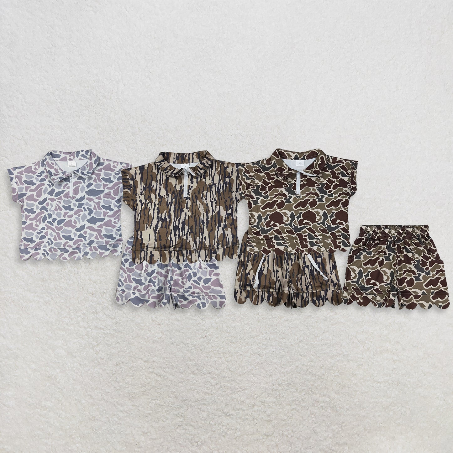 RTS Sibling  milk silk Baby Girls Camo Print Zip Zip Top Matching Scallop Edge Hem Shorts  Clothes Set