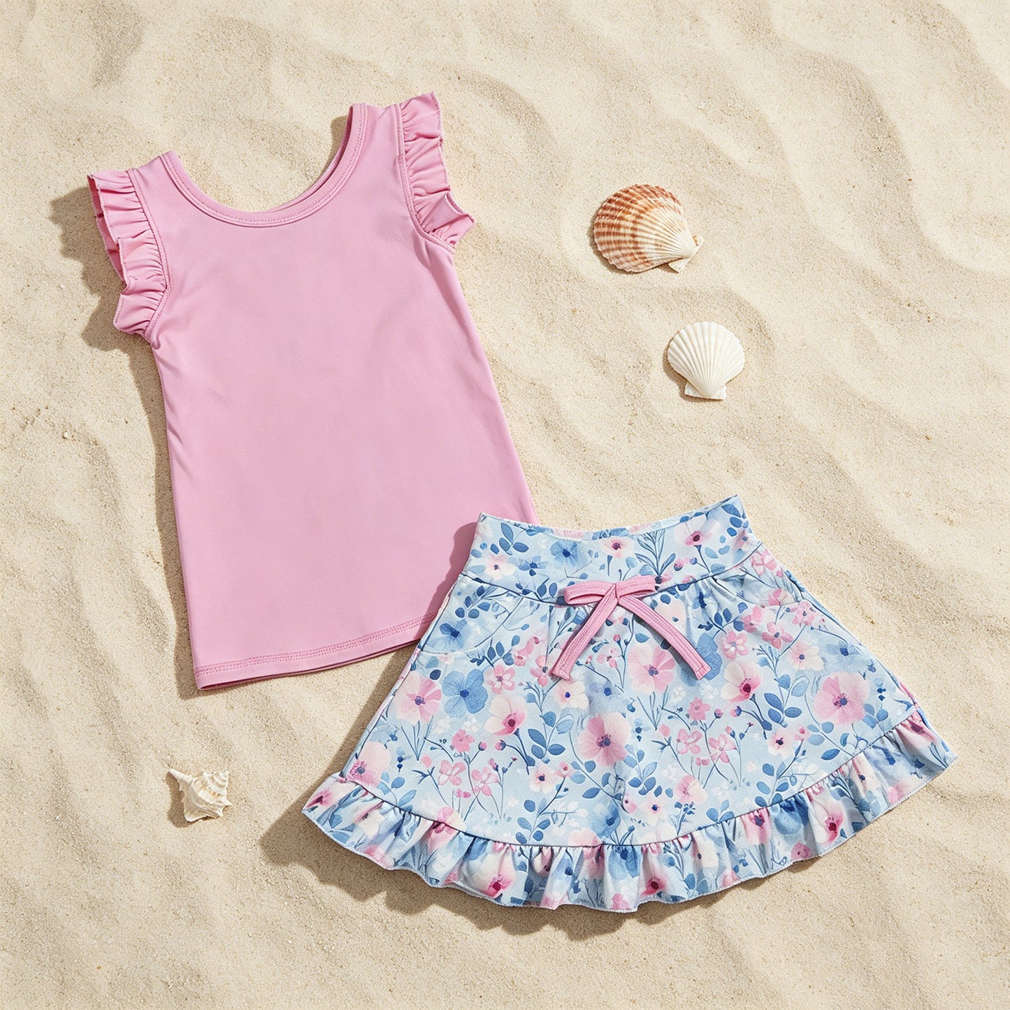 GSD3773 RTS NO MOQ （In stock ）Sleeveless pink top floral skirt girls active wear set