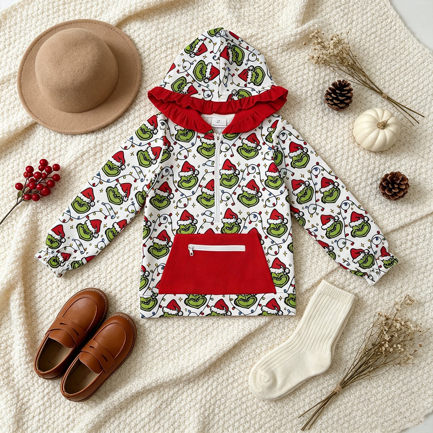 GT1163  RTS NO MOQ （In stock）milk silk Cute Clothes Baby Girls Christmas Plaid Print Pocket Zipper Christmas Hoodie Tops