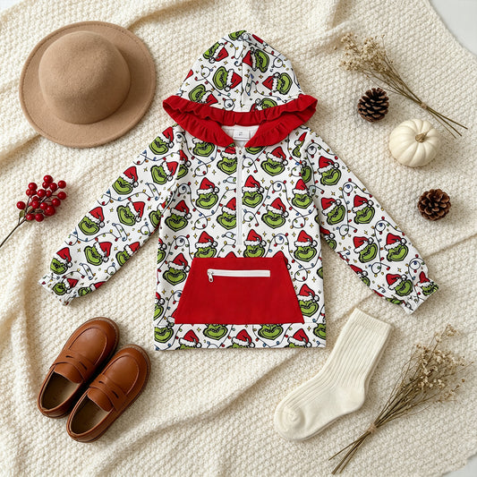GT1163  RTS NO MOQ （In stock）milk silk Cute Clothes Baby Girls Christmas Plaid Print Pocket Zipper Christmas Hoodie Tops