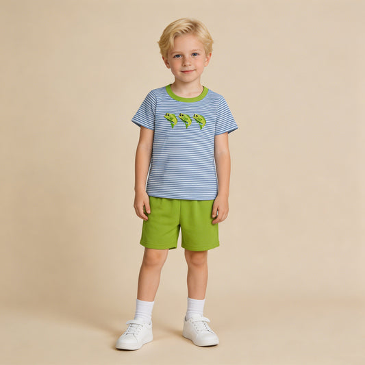 BSSO2001 RTS NO MOQ （In stock ）Embroidery Fishes Baby Boys Short Sleeve Stripe Top Short Hunting Clothes Sets
