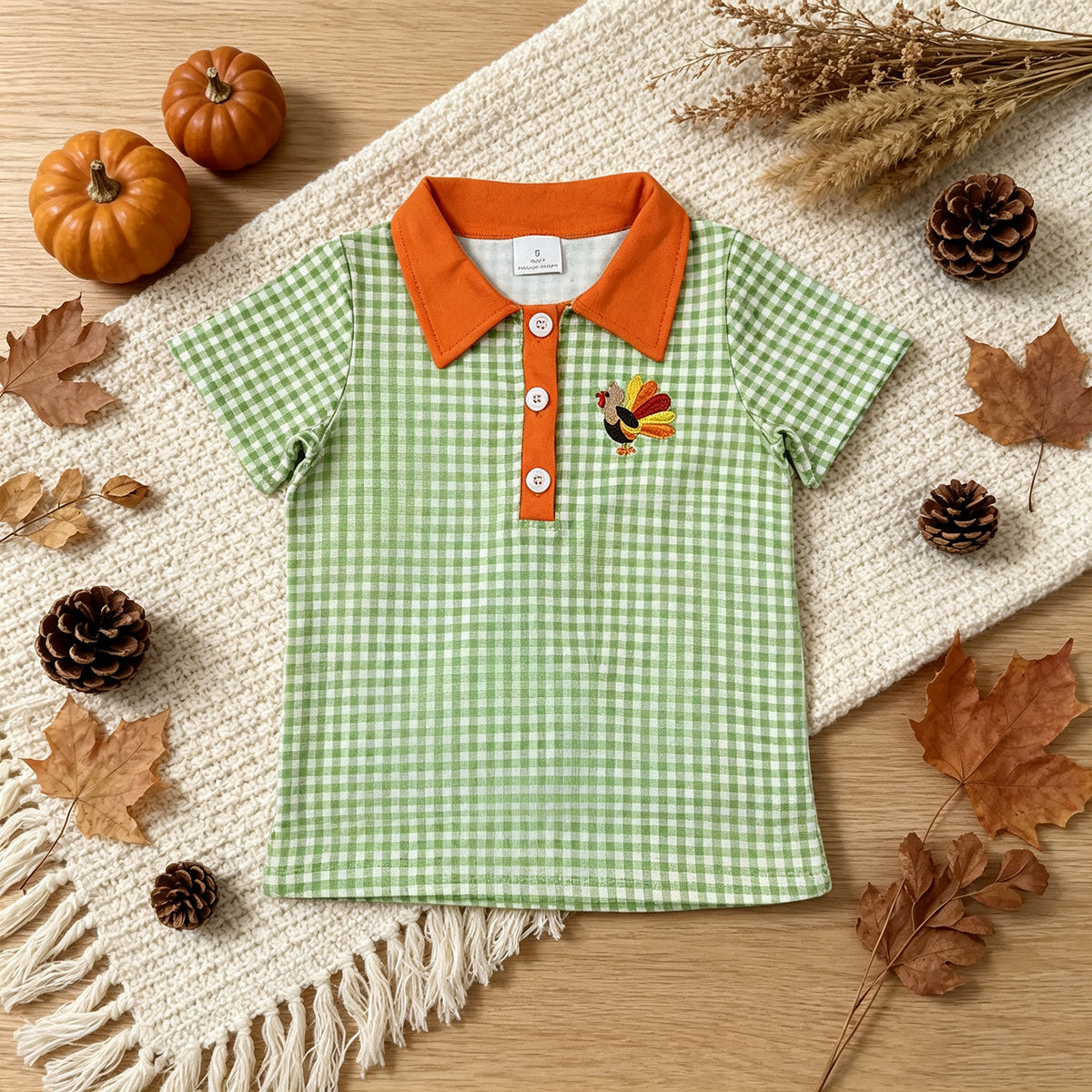 RTS NO MOQ （In stock）milk silk BT1889 Embroidery Turkey Baby Boys Green Checked Thanksgivings Polo Button Shirts Top