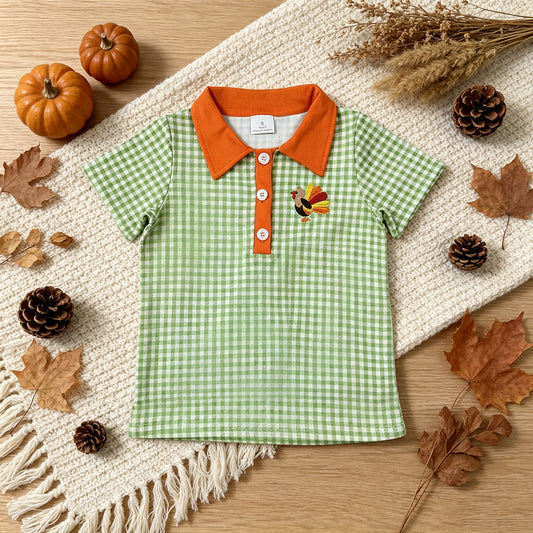 RTS NO MOQ （In stock）milk silk BT1889 Embroidery Turkey Baby Boys Green Checked Thanksgivings Polo Button Shirts Top
