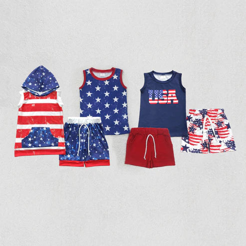 11.8 RTS Sibling Baby Boys 4th Of July Stars Sleeveless Tee Shirts Shorts Sets