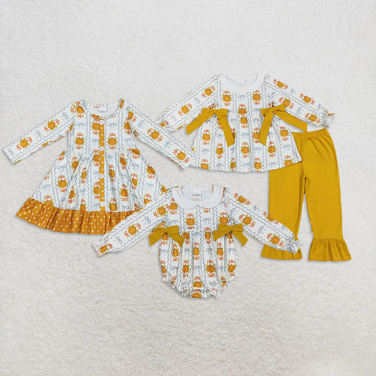 RTS Sibling Baby Girls Winter Outfits Floral Tunic Pants Set Long Sleeve Pumpkin Bow Dress Rompers Fall Clothing Outfit for Kids