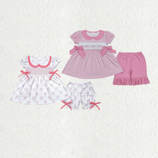 10.4 RTS Sibling Embroidery Baby Girls Checkered Bows Tunic Ruffle Shorts Clothes Sets