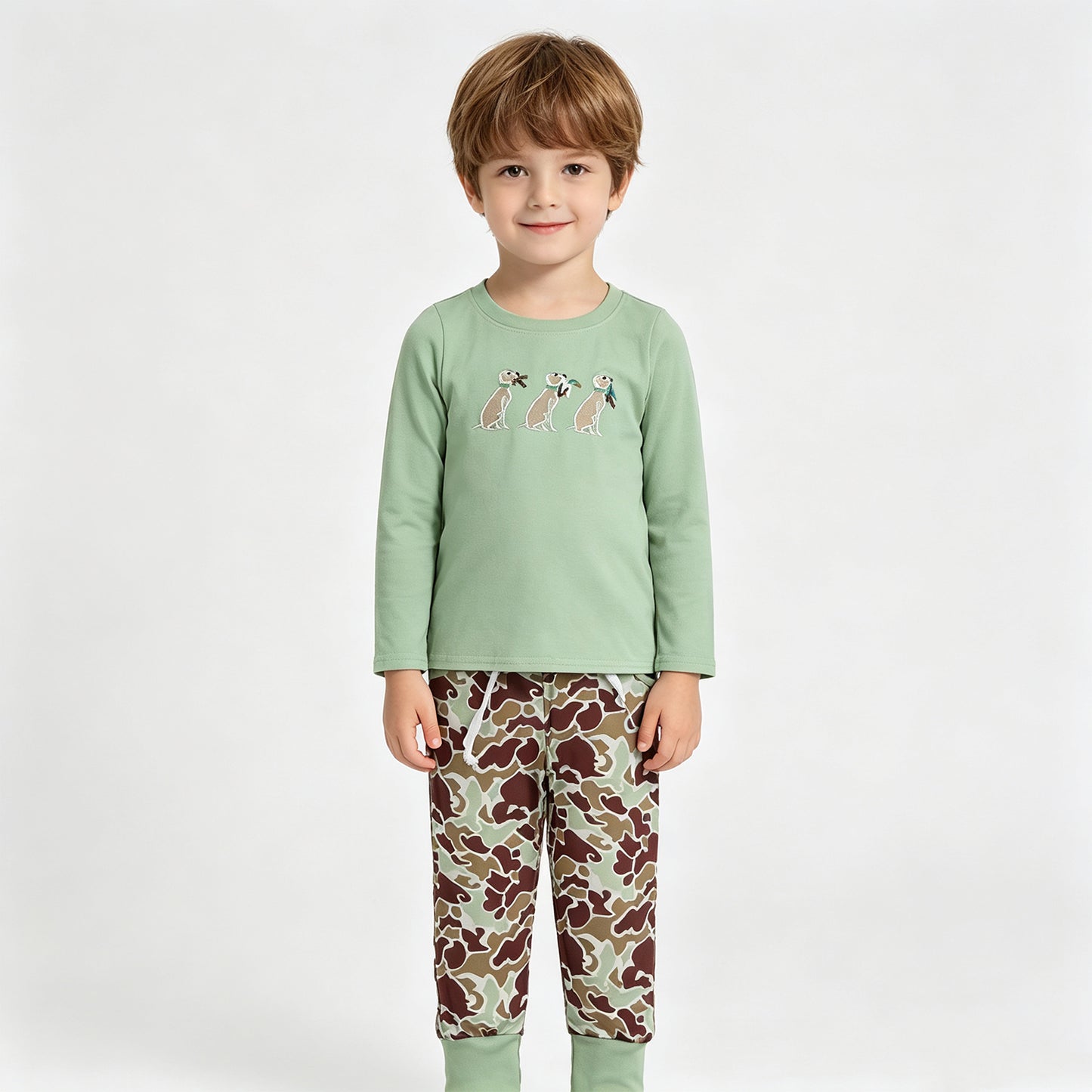 RTS NO MOQ （In stock）BLP1492 Embroidery Toddler Boys Dog Duck Print Top Matching Camo Pocket Jogger Two Piece Hunting Clothes Set