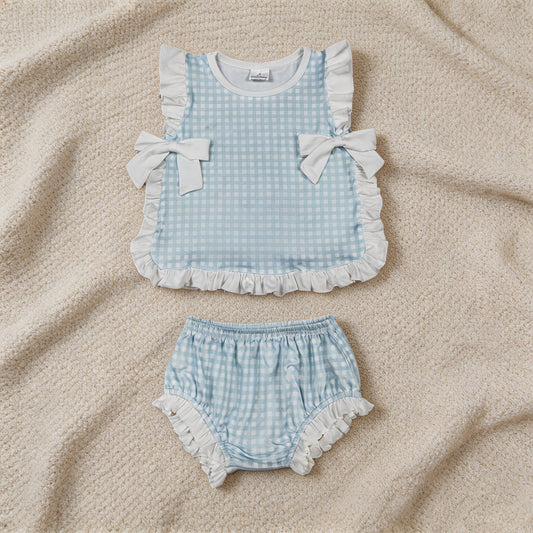 GBO0529 RTS NO MOQ （In stock）Baby Girls Light Blue Checked Bows Tunic Bummies Clothes Sets