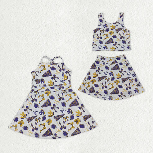 10.13 RTS Sibling Baby Girls Purple Bows Footballs Team Shorts Yoga Clothes Set Knee Length Dresses