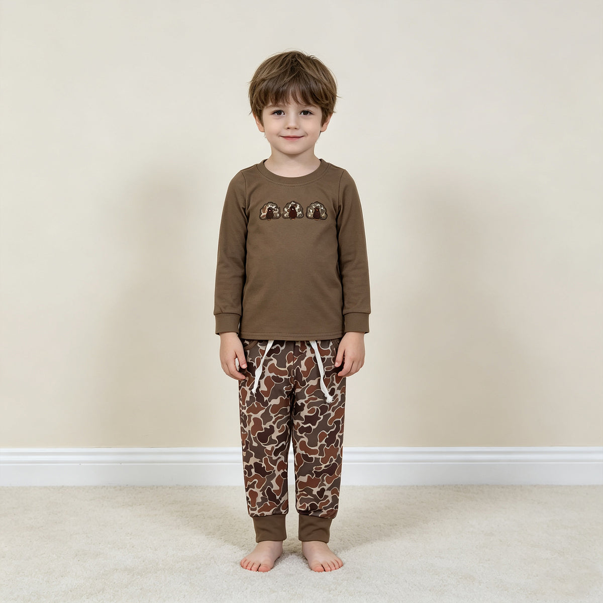 RTS NO MOQ （In stock）milk silk BLP1473 Embroidery Toddler Boys Camo Turkey Top Matching Pocket Jogger Pants Two Piece Thanksgiving Clothes Set