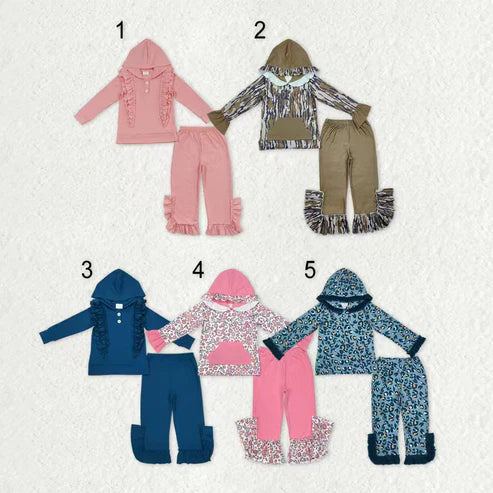 9.24 RTS Sibling Baby Girls Ruffle Hooded Leopard Floral Top Bell Pants Clothes Sets