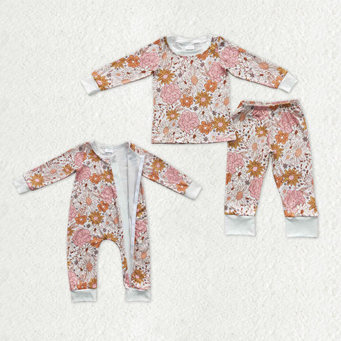 9.19 RTS Sibling Baby Girls Orange Pink Daisy Flowers op Pants Pajamas Sets Zipper Rompers