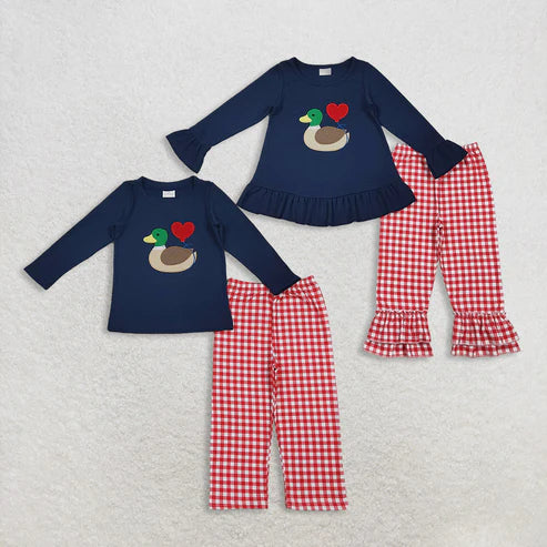 10.29 RTS Sibling Baby Girls Embroidery Duck Hearts Top Red Checked Pants Valentine Clothes Sets