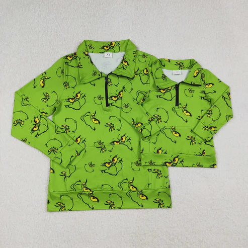 9.29 RTS Mama and Me Green Face Plaid Pocket Zipper Christmas Pullover Tops