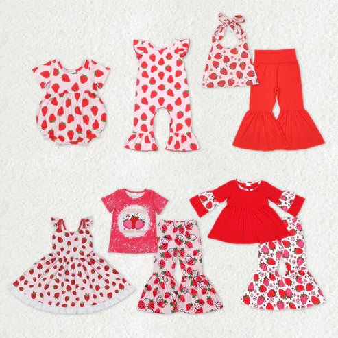 9.17 RTS Sibling Sibling Baby Girls Strawberry Flowers Top Bell Bottom Pants Clothes Sets Rompers