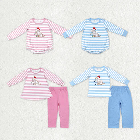 9.19 RTS Sibling Baby Kids Embroidery Dogs Lights Stripe Top Pants Christmas Clothes Sets Rompers