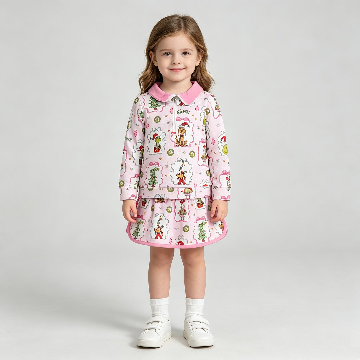 GLD1609 RTS NO MOQ （In stock） Baby Girls Christmas  Tree Print  Front Top Skort Two Piece Christmas Outfit Set