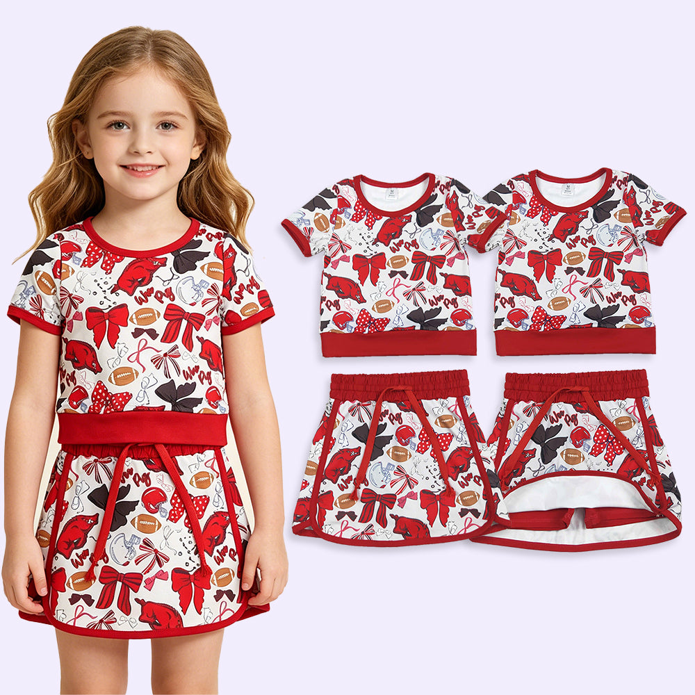 GSD3696 RTS NO MOQ （In stock ）Short sleeves bow top skirt girls team active wear set