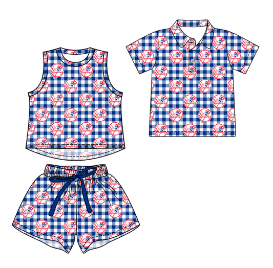 3.14 CUSTOM MOQ 5 Sibling Boys Baby Girls Summer Fashion Blue Check Sleeveless Top Shorts Button Polo Shirts Team Clothes Sets
