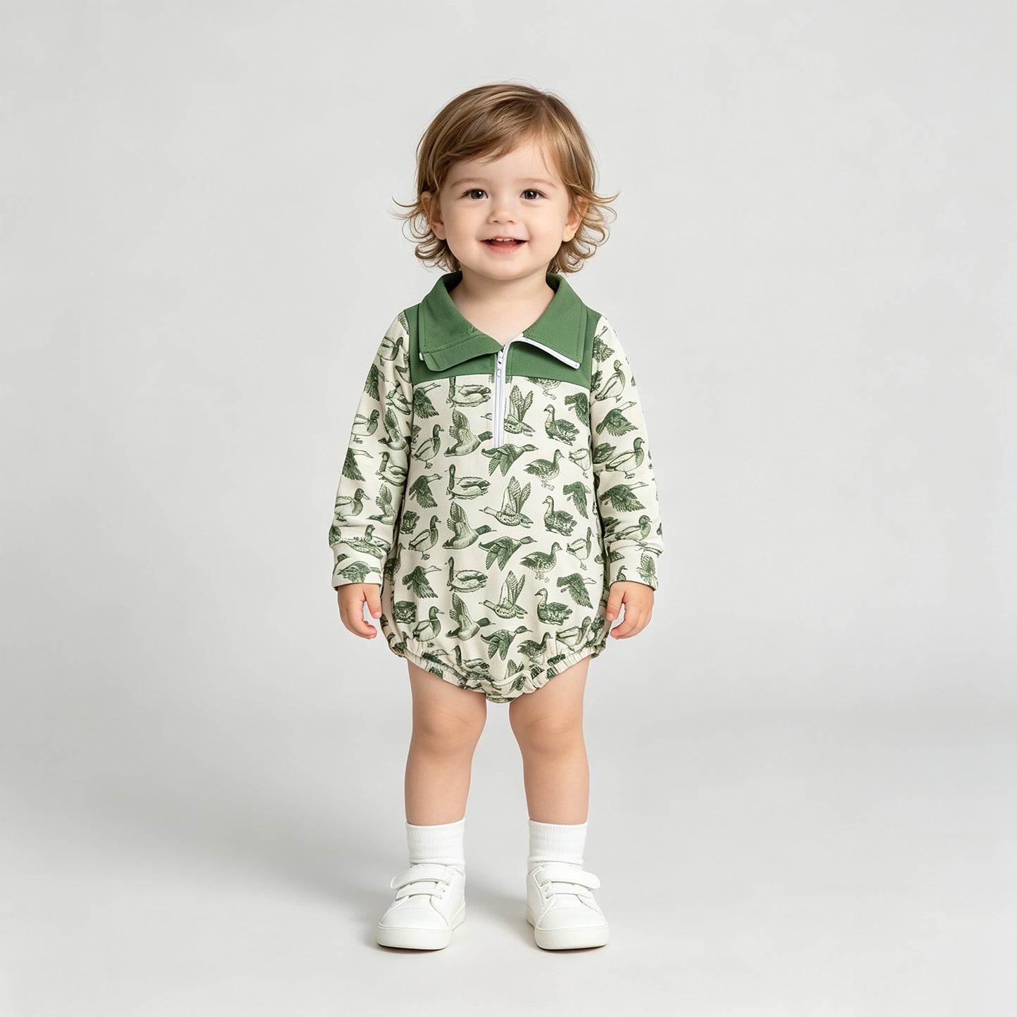 LR3050 RTS NO MOQ （In stock）Long sleeves green duck baby boy fall romper