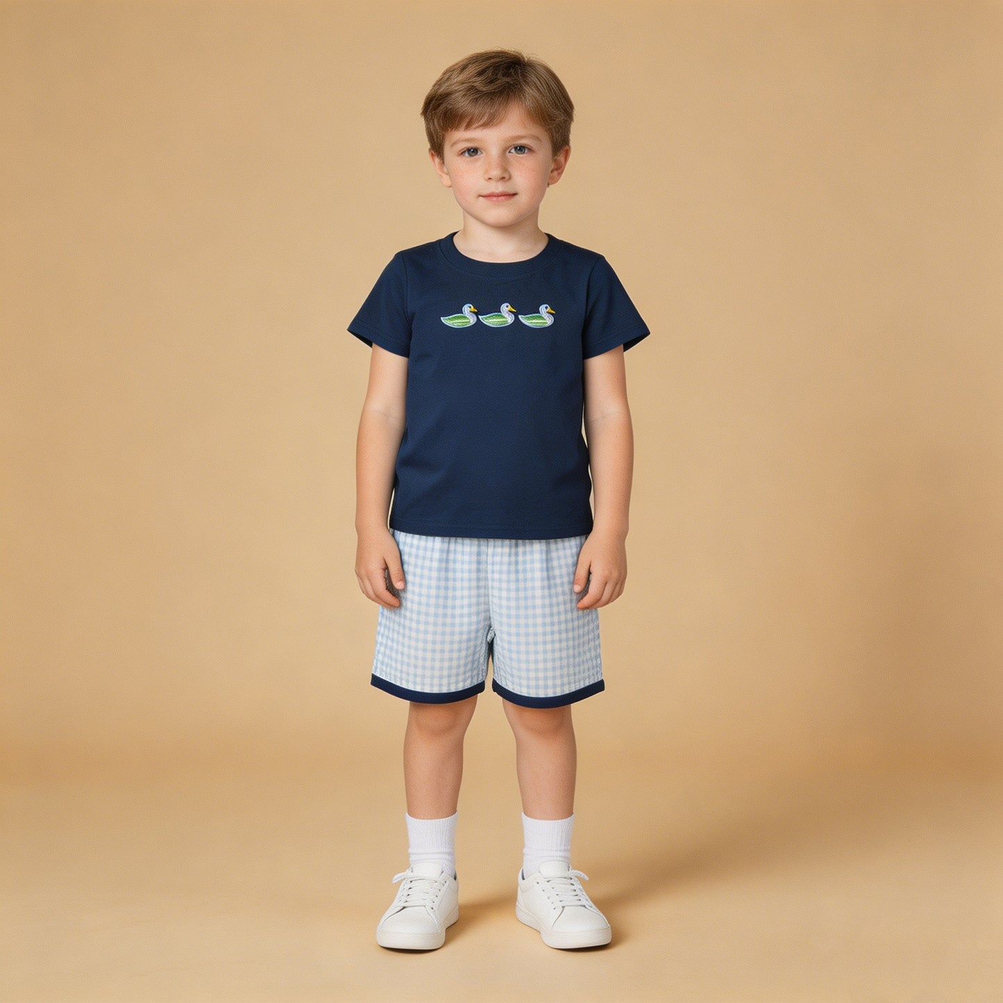 BSSO1938 RTS NO MOQ （In stock）Baby Boys Navy Ducks Top Checked Short Hunting Clothes Sets