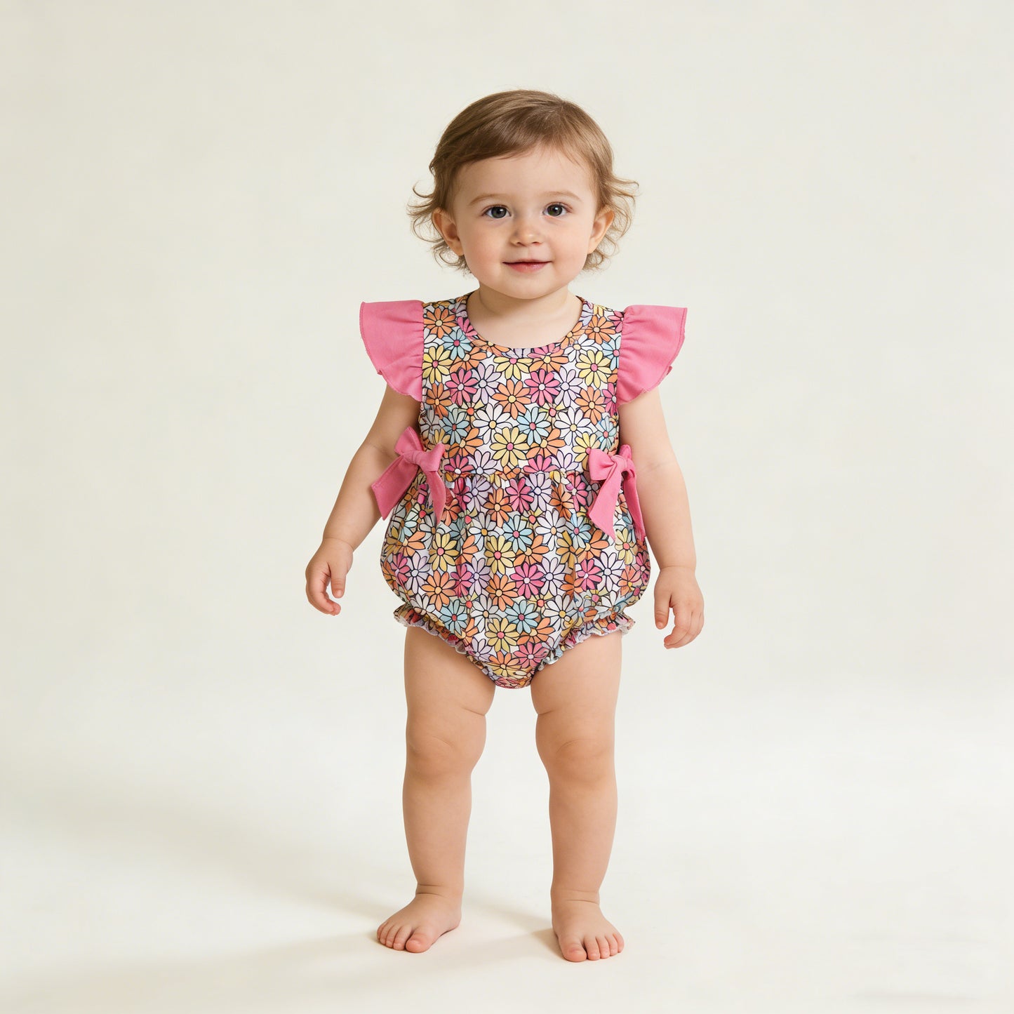 4.8 SR4049 RTS NO MOQ （In stock) Flutter sleeves floral bow baby girls summer romper