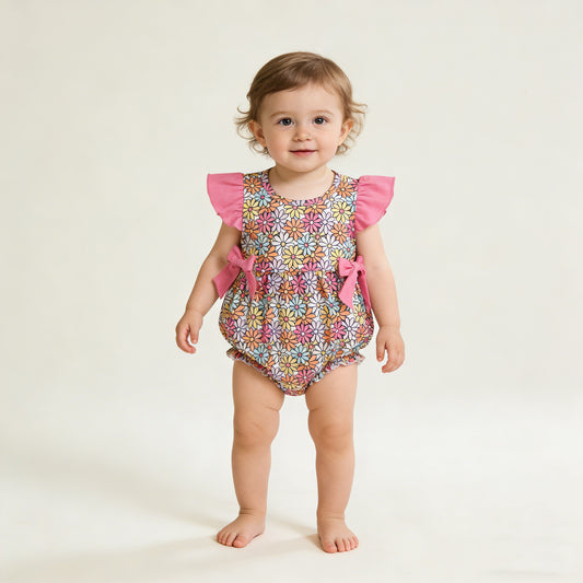 4.8 SR4049 RTS NO MOQ （In stock) Flutter sleeves floral bow baby girls summer romper