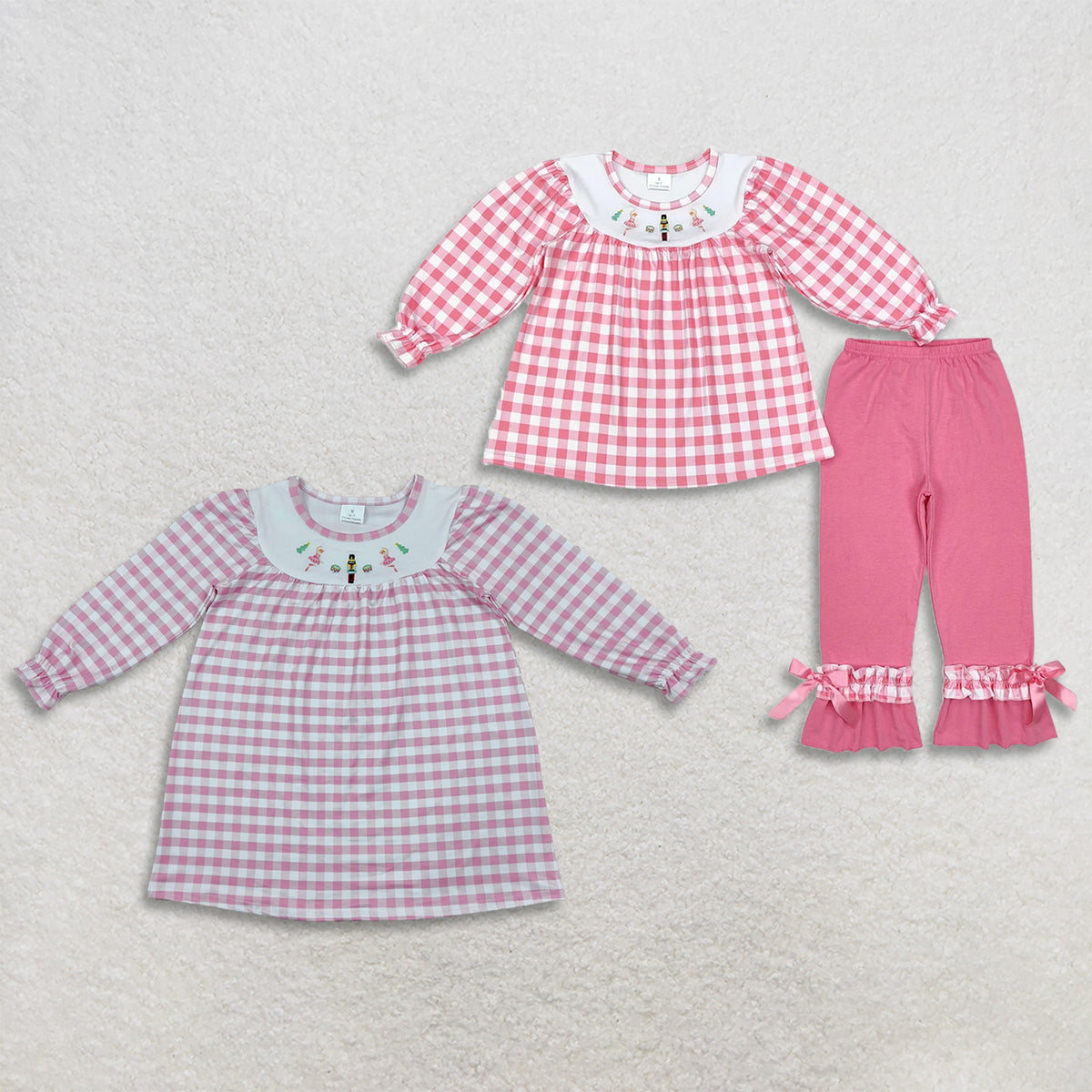 RTS NO MOQ Sibling milk silk Embroidery Baby Girls Pink Gingham Long Sleeve Dress And Top Ruffle Bow Pants Set