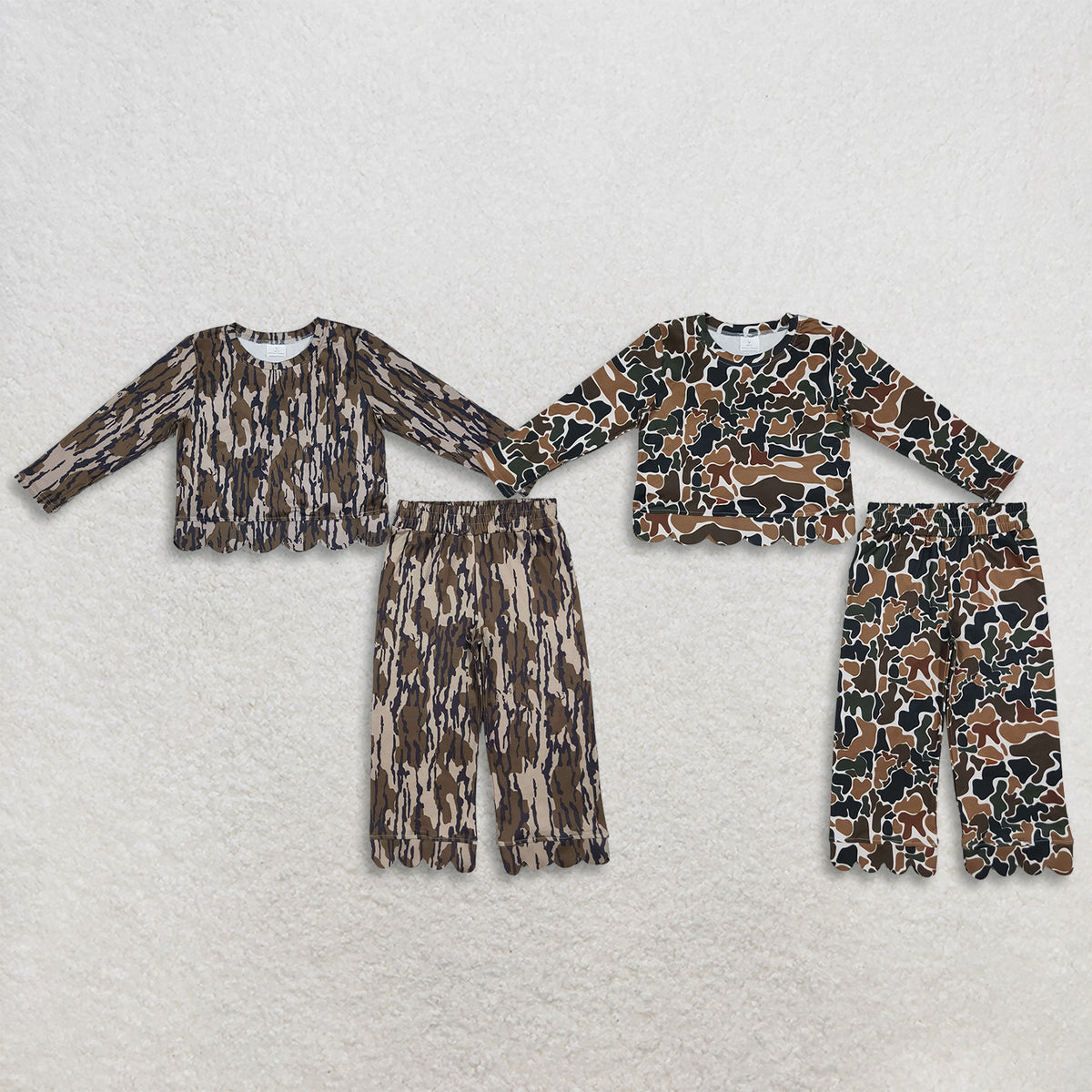 RTS NO MOQ Sibling milk silk Baby Girls Camo Scallop Trim Long Sleeve Top And Pants Pajama Set