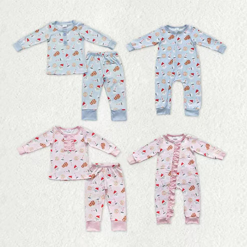 9.16 RTS Sibling Baby Kids Cookie Milks Santa Button Top Pants Christmas Pajamas Sets Zipper Footie Rompers