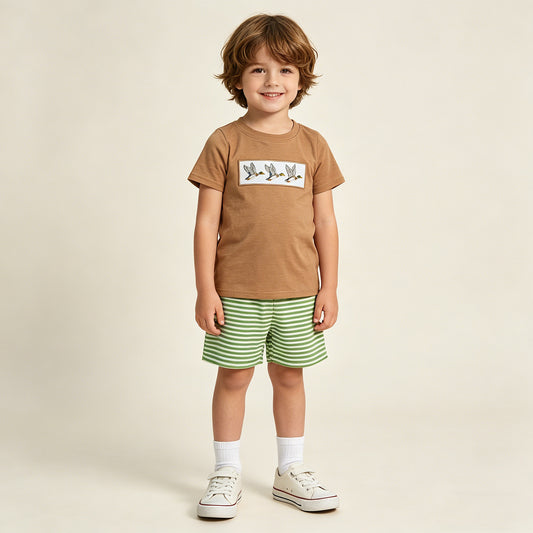 BSSO1947 RTS NO MOQ （In stock ）Brown duck embroidery top stripe shorts kids boys outfits
