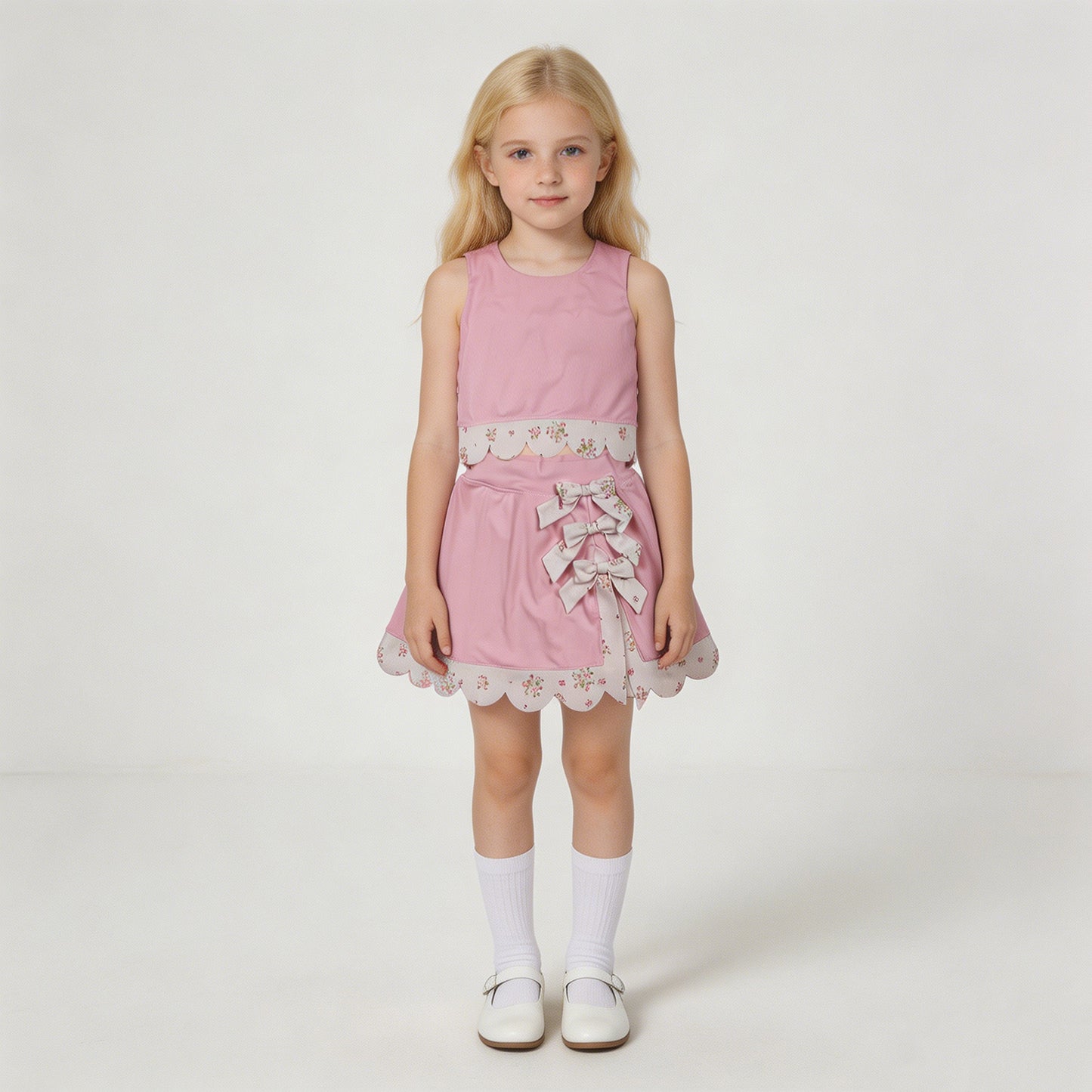 GSD3321 RTS NO MOQ （In stock）Pink sleeveless bow scallop kids girls active wear set