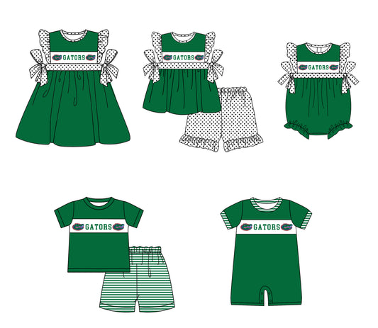 CUSTOM MOQ 5 Sibling Boys Baby Girls Green Polka Dots Top Shorts Clothes Set Knee Length Dress Rompers