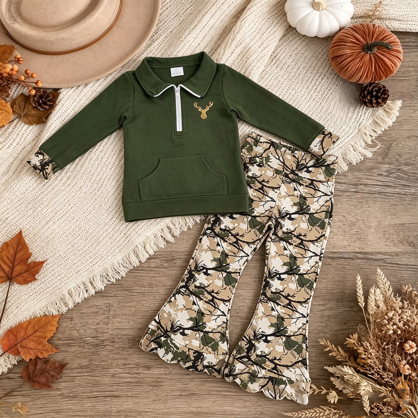 GLP3369（GT1694+P1035） RTS NO MOQ （In stock）milk silk Embroidery Baby Girls Green Deer Embroidery Zip Pocket Top Scallop Full Length Pants Casual Outfit Sets