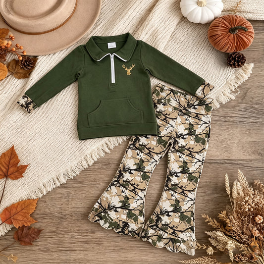 GLP3369（GT1694+P1035） RTS NO MOQ （In stock）milk silk Embroidery Baby Girls Green Deer Embroidery Zip Pocket Top Scallop Full Length Pants Casual Outfit Sets
