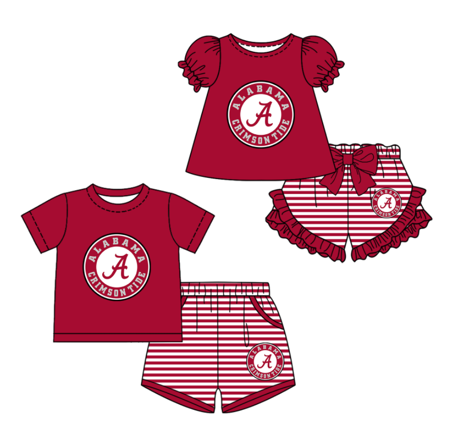 CUSTOM MOQ 5 Sibling Boys Baby Girls Bright Red A Top Stripe Shorts Clothes Sets