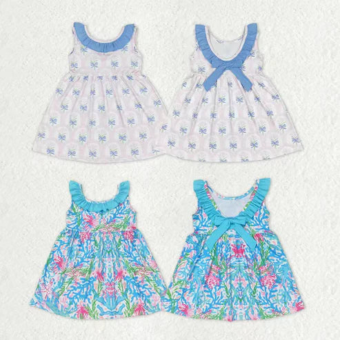 10.31 RST Sibling Baby Girls Sleeveless Flowers Back Bows Ruffle Collar Knee Length Dresses