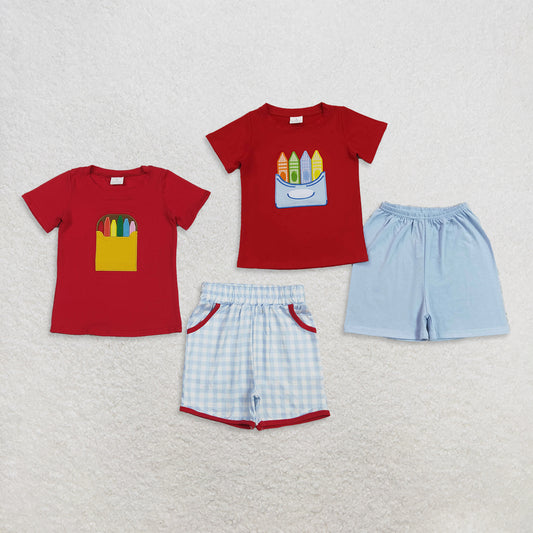 RTS Sibling Baby Boys Embroidery Pencil Print Short Sleeve Shirt Top And Shorts Two Piece Back To School Clothes Set（2T-14-16T）