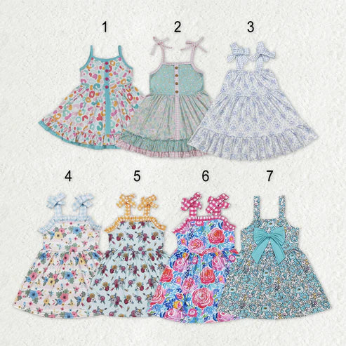 10.31 RST Sibling Baby Girls Straps Leopard Flowers Plaid Ruffle Knee Length Dresses