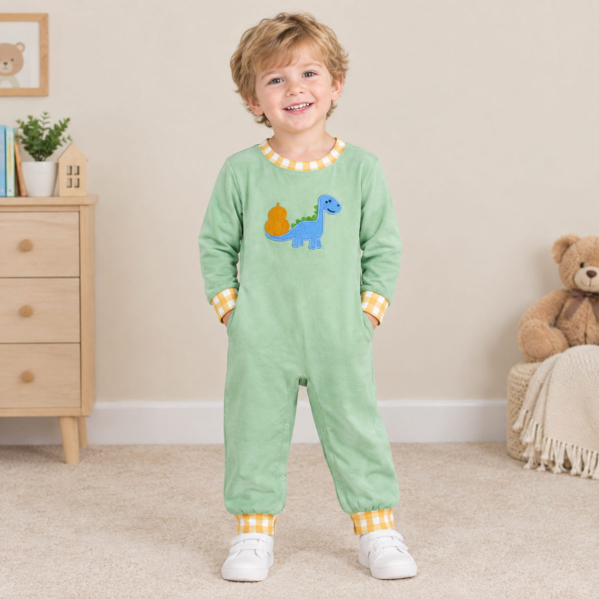 RTS NO MOQ （In stock）milk silk LR3168 Embroidery Pumpkins Dinosaur Baby Boys Fall Long Sleeve Pant Rompers