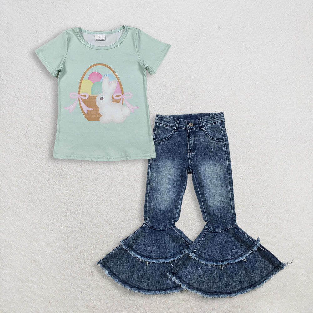 3.6 RTS NO MOQ （In stock）GT1396 + C5-15 Baby Girls Short Sleeve Rabbits Eggs Easter T-shirts Top Denim Jeans Pants Clothes Sets