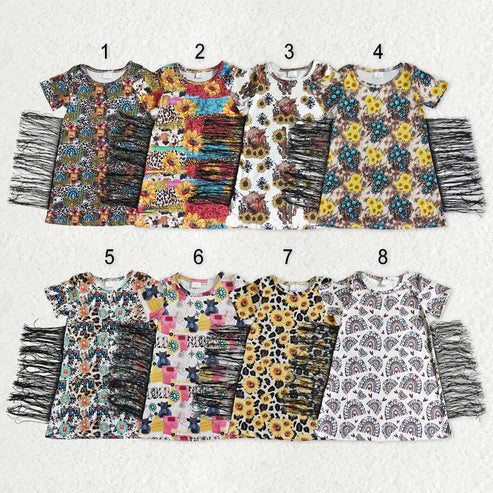 9.18 RTS Sibling Baby Girls Short Sleeves Flowers Cows Tassel Knee Length Dresses