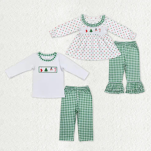 9.19 RTS Sibling Baby Kids Embroidery Snowmen Trees Top Pants Christmas Clothes Sets