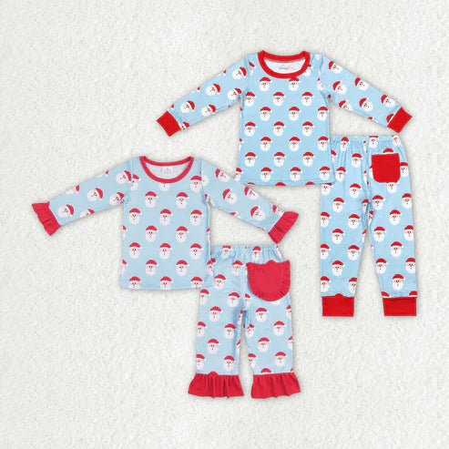 9.18 RTS Sibling Baby Boys Girls Christmas Hats Santa Top Pocket Pant Pajamas Sets