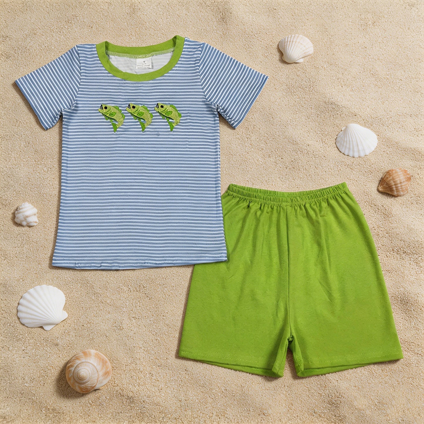 BSSO2001 RTS NO MOQ （In stock ）Embroidery Fishes Baby Boys Short Sleeve Stripe Top Short Hunting Clothes Sets