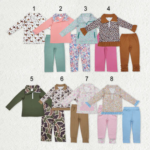9.18 RTS Sibling Baby Boys Girls Floral Leopard Zipper Pullovers Leggings Pant Fall Clothes Sets